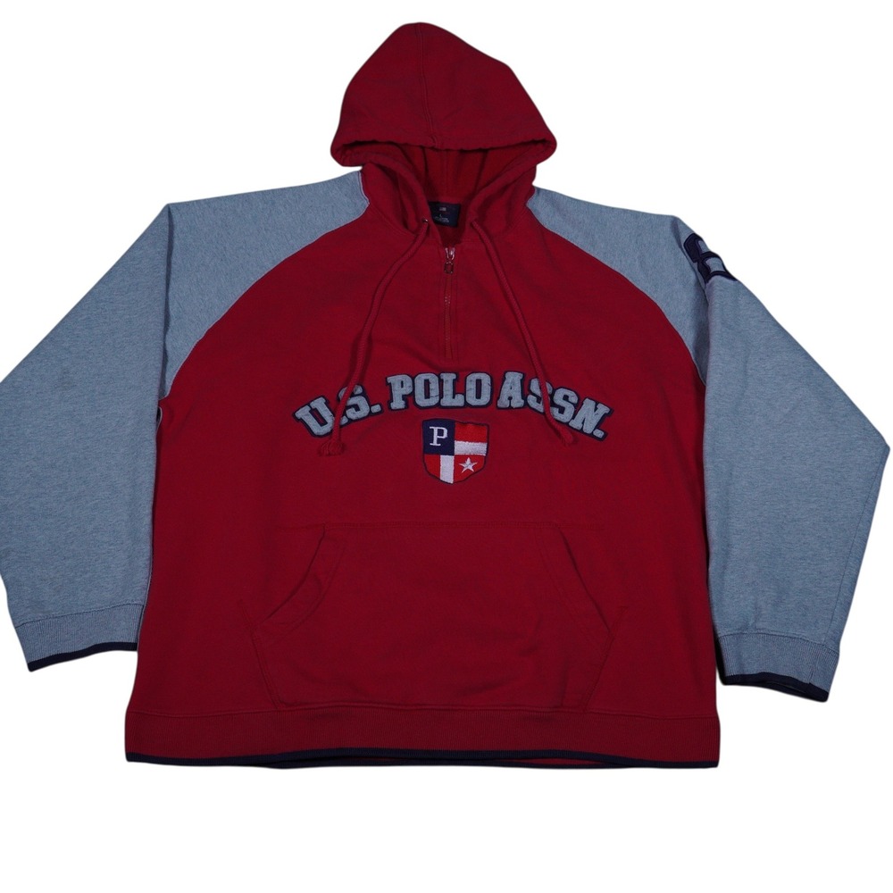 U.S. Polo Assn Hoodie L Red Gray Spellout Crest Logo Colorblock Mens Zip
